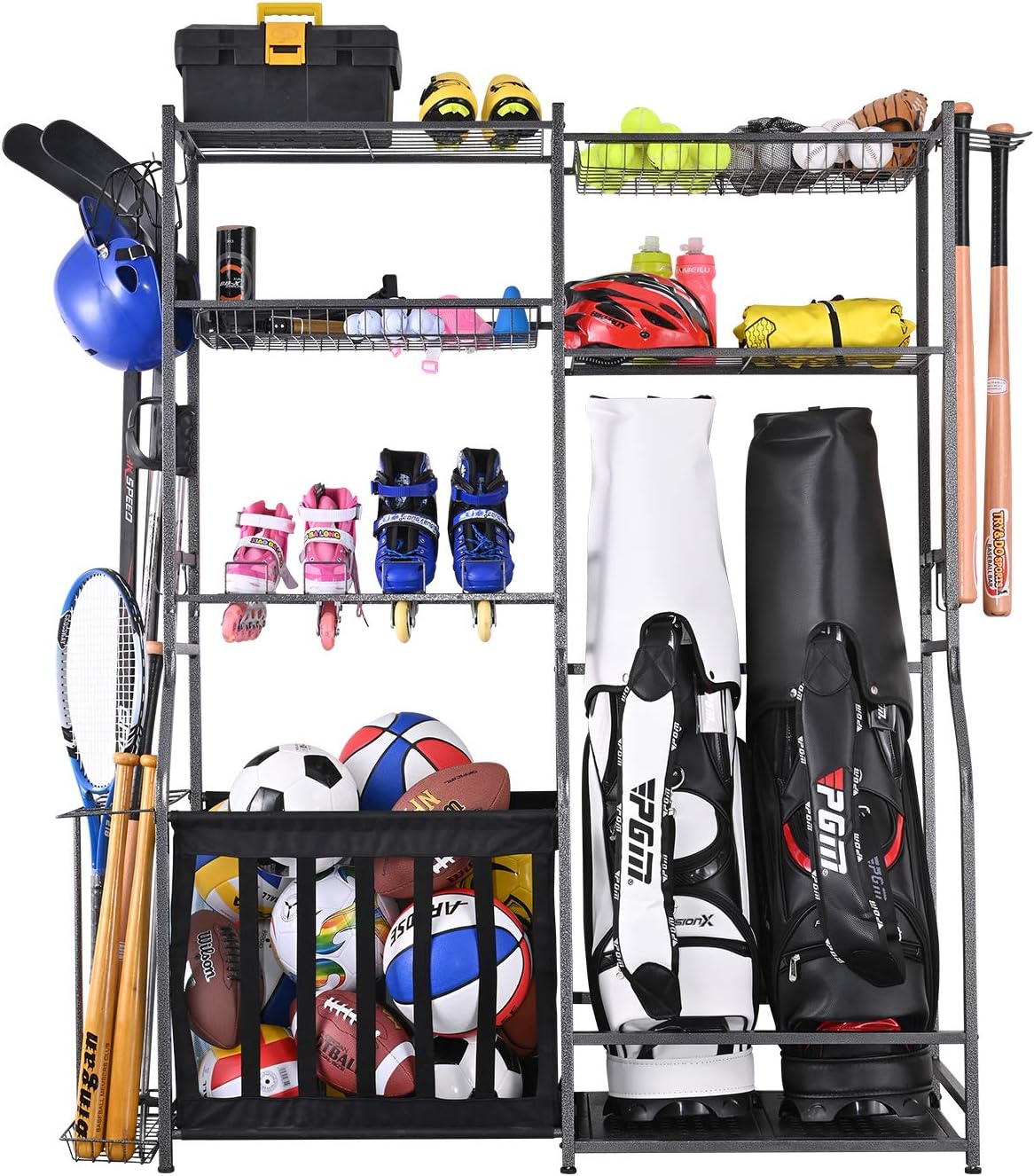 Golf Equipment Organizer For Garage - ชั้นวางอุปกรณ์กีฬาในโรงรถ ชั้นวางจัดเก็บถุงกอล์ฟสองใบ พร้อมโครงและช่องเก็บของ ที่เก็บลูกกอล์ฟ ชั้นวางพร้อมสายรัดยางยืด สีดำ
