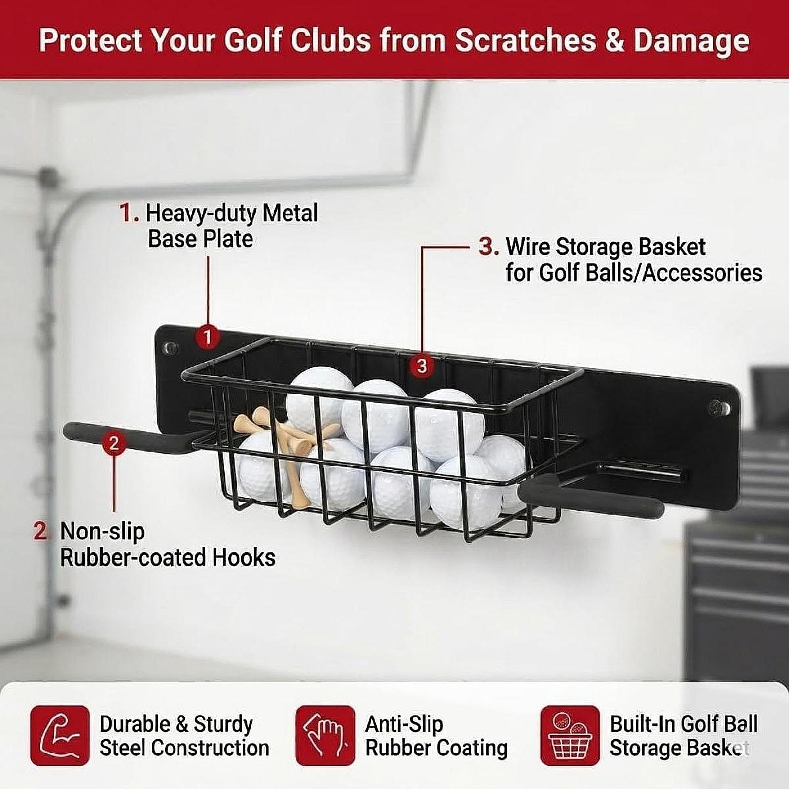 Golf Equipment Organizer For Garage - ชั้นวางอุปกรณ์กอล์ฟติดผนังแบบประหยัดพื้นที่ ที่แขวนกระเป๋าโลหะพร้อมตะกร้าเก็บของ ชั้นวางอเนกประสงค์สำหรับโรงรถ บ้าน และสนามกอล์ฟ