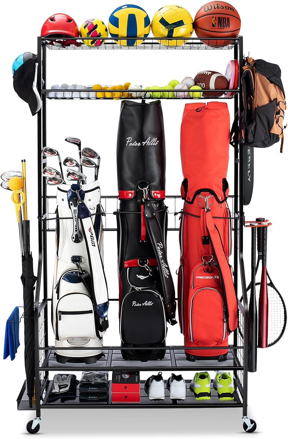 Golf Equipment Organizer For Garage - ชั้นวางอุปกรณ์จัดเก็บถุงกอล์ฟแบบมีล้อ โครงเหล็กแข็งแรงทนทาน สำหรับเก็บไม้กอล์ฟ สีดำ