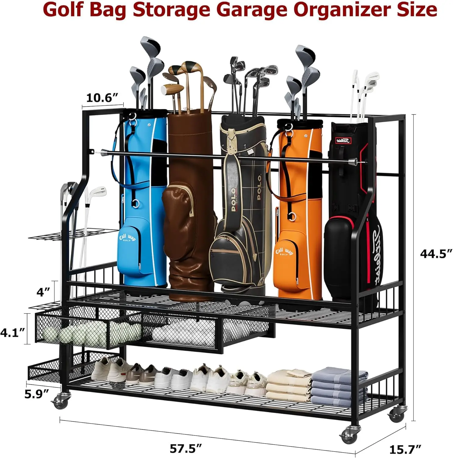 Golf Equipment Organizer For Garage - ชั้นวางเก็บถุงกอล์ฟอเนกประสงค์พร้อมล้อเลื่อน ชั้นวางอุปกรณ์กีฬาโลหะสำหรับจัดเก็บในโรงรถและจัดระเบียบไม้กอล์ฟ
