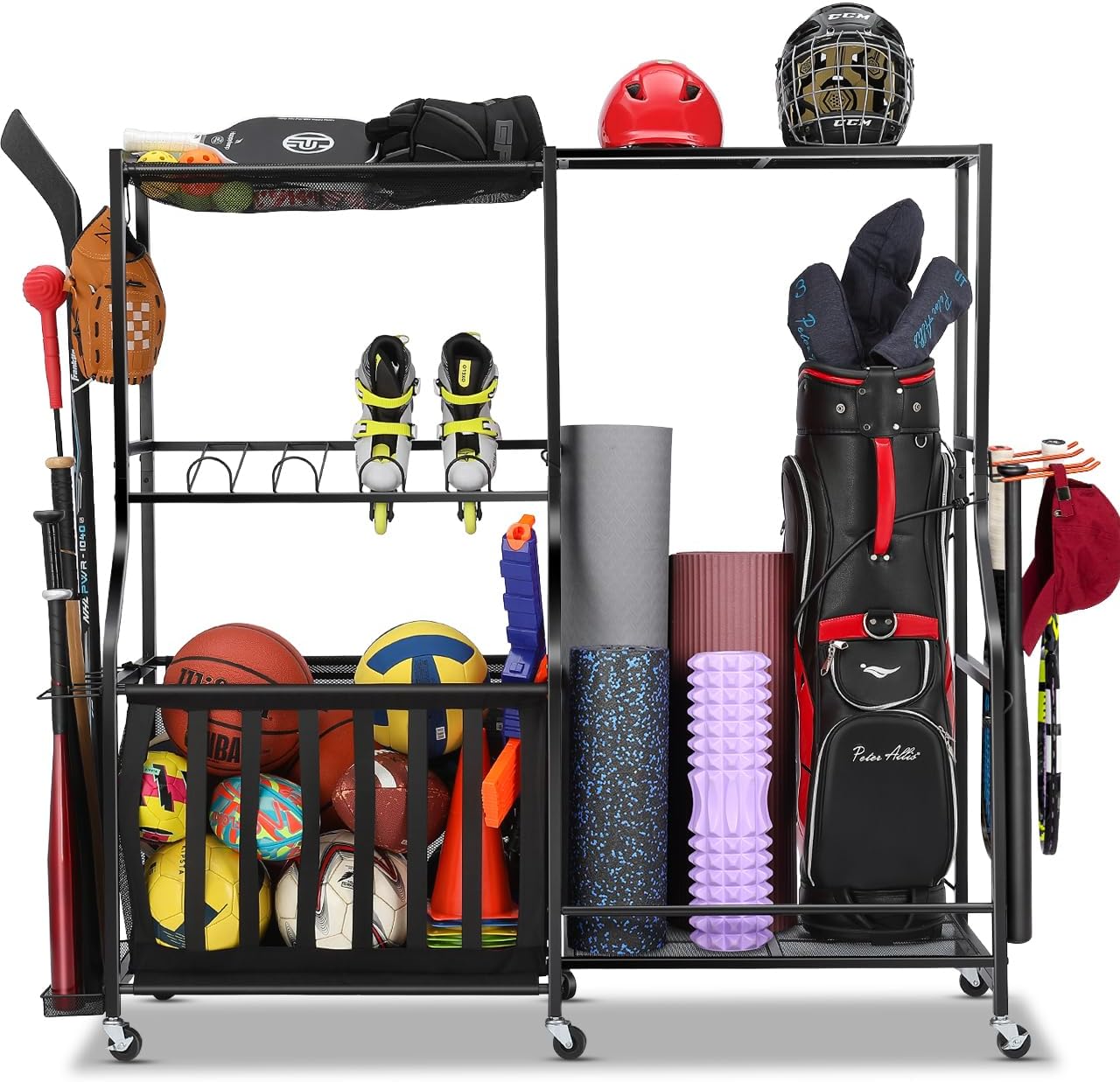 Golf Equipment Organizer For Garage - ที่เก็บอุปกรณ์กีฬาในโรงรถพร้อมล้อ ชั้นวางถุงกอล์ฟ กล่องเก็บลูกบอล โครงเก็บของแบบม้วนสำหรับโรงรถ ระบบตะกร้าเก็บของแบบแข็งแรง ตะขอแขวน