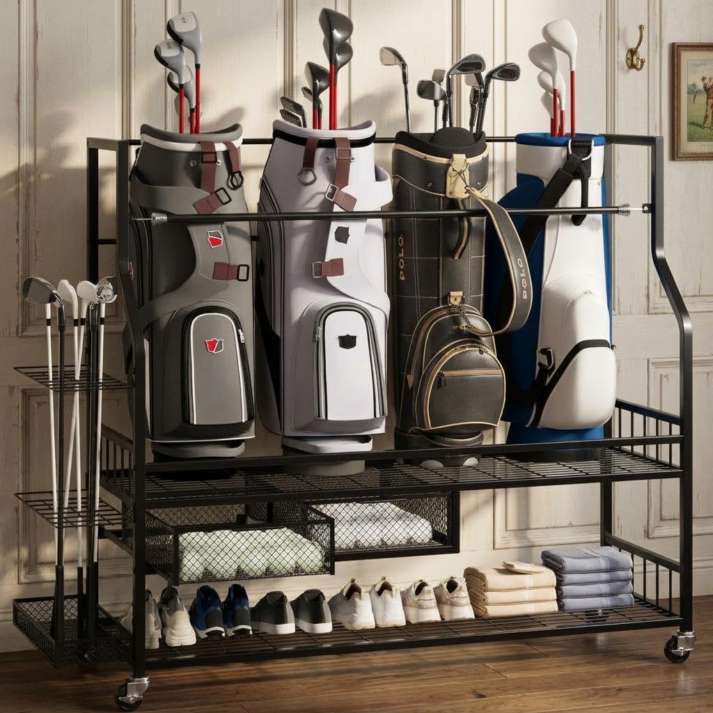 Golf Equipment Organizer For Garage - ชั้นวางจัดเก็บถุงกอล์ฟพร้อมลิ้นชัก จุได้ 5 ใบ พร้อมล้อล็อค อุปกรณ์เสริมกอล์ฟ